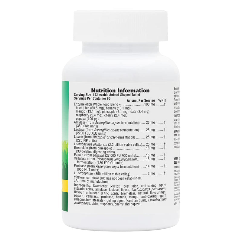 NaturesPlus Animal Parade Tummy Zyme Children’s Chewable Digestive Support - Active Enzymes, Lactase, Live Probiotics and Whole Foods - Vegetarian, Gluten Free - Tropical Fruit Flavour - 90 Animal Shaped Tablets - NewNest Australia