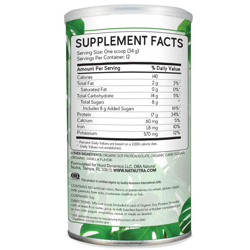 Natural Nutra Organic Vegan Plant-Based Soy Protein Powder, Supports Bone and Improves Blood Circulation & Cardiovascular Health, Gluten Free, Non GMO, Sugar-Free 14.4 OZ - NewNest Australia