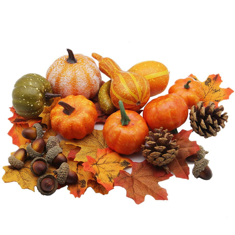 NewNest Australia - winemana Thanksgiving Artificial Pumpkins Home Decoration Set, Mixture of 50 Artificial Harvest Decoration, 30 Fake Maple Leaves + 10 Fake Acorns + 2 Fake Pinecones + 8 Fake Pumpkins 