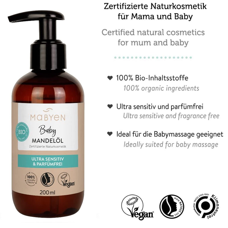 Mabyen Organic Baby Oil Almond | Baby Almond Oil Ideal For Baby Care And As Baby Massage Oil - 200 Ml In Practical Pump Bottle - Strengthens The Connection Between You And Your Baby - NewNest Australia