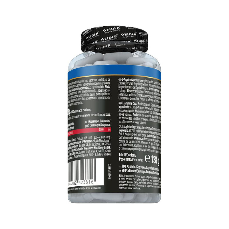 Weider L-Arginine Capsules High Dosage With 5,000 Mg Arginine Per Serving, Pre-Workout Amino Acid Capsules With Bioavailable, Plant-Based Arginine Hcl, Vegan, 100 Capsules - NewNest Australia