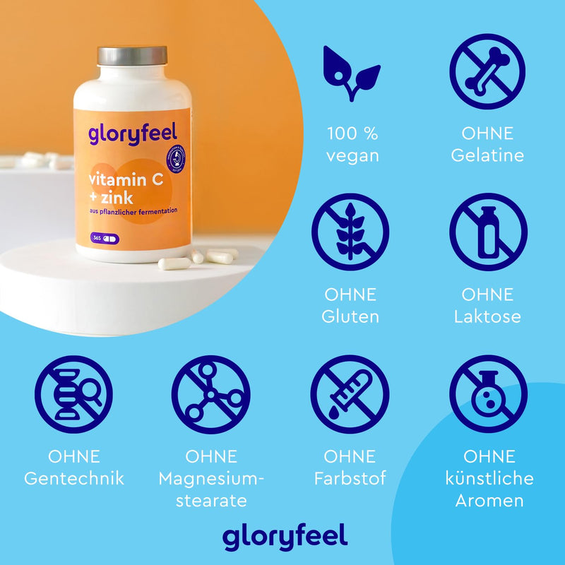 Vitamin C + Zinc - 365 Vegan Capsules - 1000 Mg Buffered Vegetable Vitamin C (Acid-Free And Stomach Friendly) Plus 20 Mg Zinc Per Daily Dose - Laboratory Tested Without Additives Made In Germany. - NewNest Australia