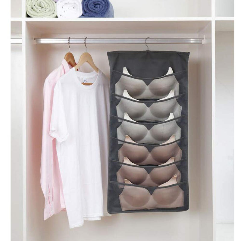 NewNest Australia - TuuTyss Hanging Mesh Pockets Dual-Sided Closet Organizer for Underwear,Bra,Socks,Accessories with Hanger,12 Large Pockets-Grey Grey- (6+6) Pockets 