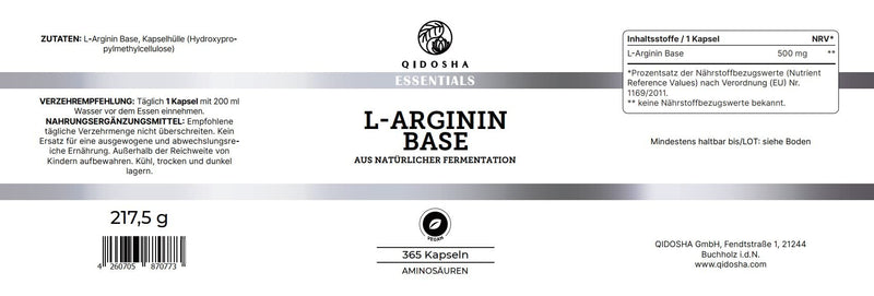 Qidosha L Arginine Base Capsules High Dose 365 Capsules In Glass L-Arginine Base 500Mg Per Capsule, Pure Vegetable Amino Acid L-Arginine Base Capsules, 100% Vegan, Produced In Germany - NewNest Australia