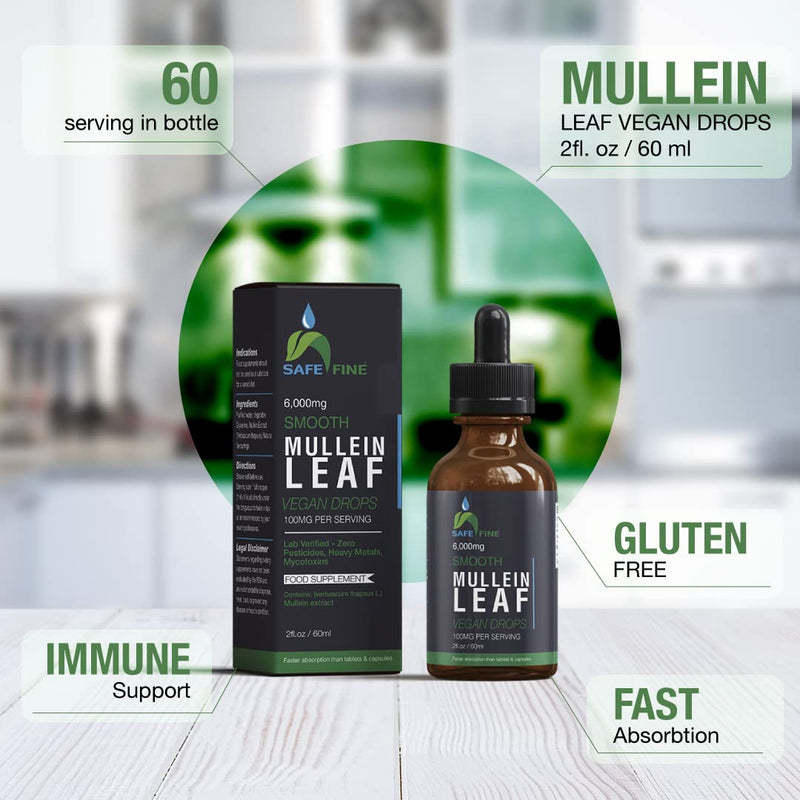 SafeFine Mullein Leaf Extract Drops - 1 Bottle of 60 ml - Alcohol Free & Vegan Formula -Plant Based - Gluten Free - Soy Free - Non GMO-for Respiratory, Immune Support & Natural Sleep Aid - NewNest Australia