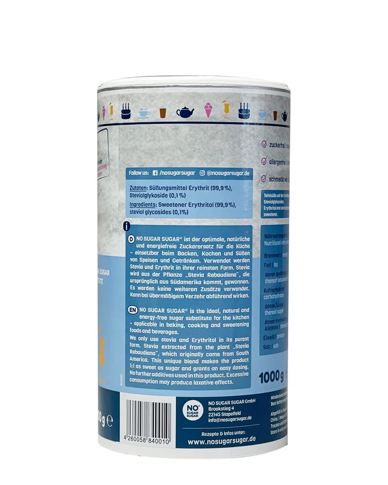 No Sugar Sugar Erythritol + Stevia Natural Sugar Substitute Without Calories 1:1 Sweetness Compared To Sugar, Without Taste, Healthy Alternative For Cooking, Baking, Sweetening (1 Kg Resealable Can) - NewNest Australia