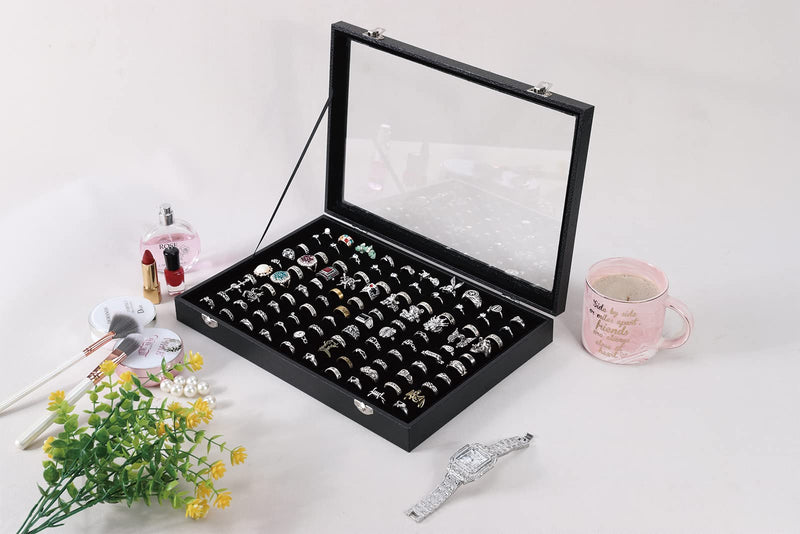 Pengup 100 Slots Ring Case Organizer Display Box,Rings Holder Storage Boxes for Jewelry Showcase with Glass Lid (Black Velvet). Black - NewNest Australia