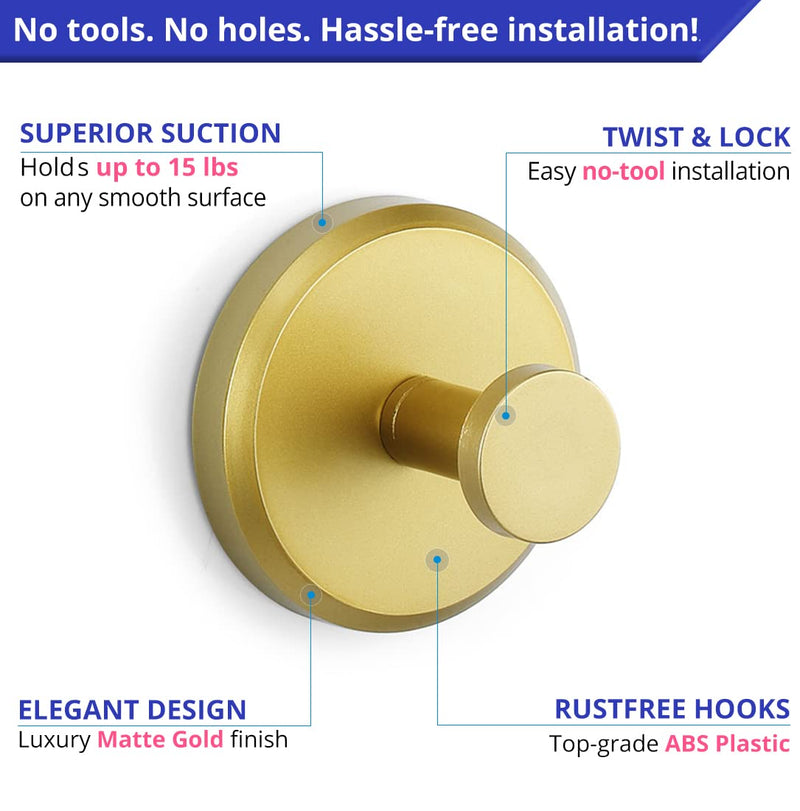 HOME SO Suction Cup Hooks for Shower, Bathroom, Kitchen, Glass Door, Mirror, Tile – Loofah, Towel, Coat, Bath Robe Hook Holder for Hanging up to 15 lbs – Waterproof, Matte Brushed Satin Gold (2-Pack) 2 Brushed Gold - NewNest Australia