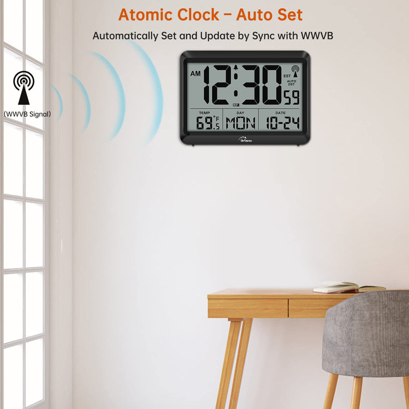 WallarGe Atomic Clock Battery Operated - Large Display Digital Alarm Clock with Seconds and Indoor Temeperature, 4 Time Zones, DST Black - NewNest Australia