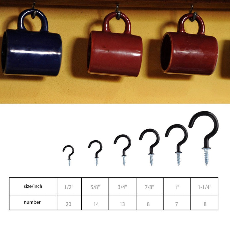 KUUQA Cup Hook Kit Black Vinyl Coated Ceiling Screw Mug Hooks, 70 Pieces, 6 Sizes 70pcs - NewNest Australia