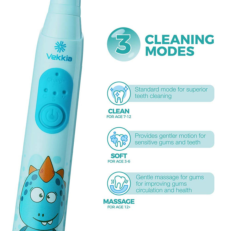 Vekkia Dragon Lord Sonic Rechargeable Kids Electric Toothbrush, 3 Modes with Memory, Fun & Easy Cleaning, 31000 Strokes, IPX7 Waterproof, 2-Min Timer for Age 3+, 4 Soft Bristles Blue | Dragon - NewNest Australia