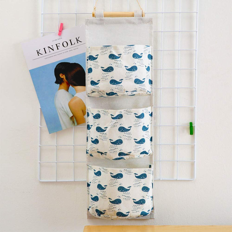 NewNest Australia - AUHOKY 3Pcs Wall Closet Hanging Storage Bag, Premium Linen Fabric Over The Door Organizer, Hanging Storage Pouches with 3 Pockets for Bedroom Bathroom - Waterproof & Stylish (Bear/Tree/Whale) Bear/Tree/Whale 