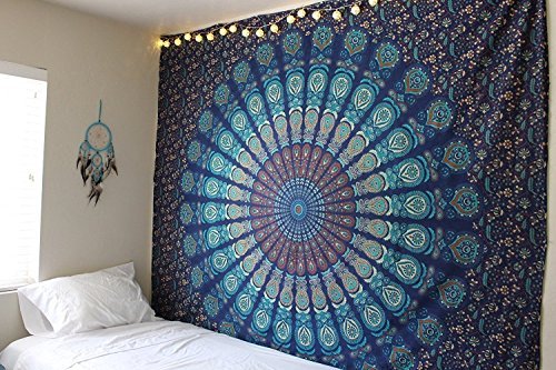 NewNest Australia - Bless International Indian Hippie Bohemian Psychedelic Peacock Mandala Wall Hanging Bedding Tapestry (Blue Green, Twin(54x72Inches)(140x185cms)) Blue Green Twin(54x72Inches)(140x185cms) 
