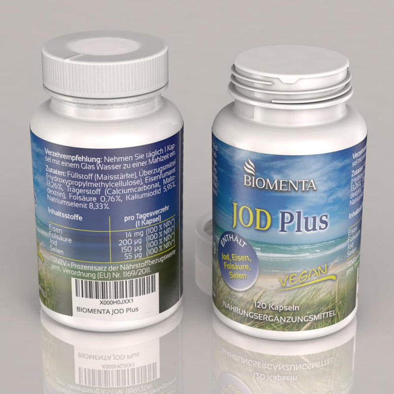 BIOMENTA Iodine Plus - 120 high-dose iodine capsules - active ingredient complex with selenium, folic acid, iron - vegan - premium quality - NewNest Australia