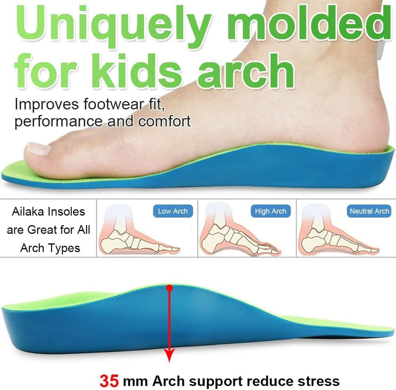 Ailaka Kids Orthotic Arch Support Shoe Insoles, PU Foam Padding Inserts for Kids for Flat Feet, Plantar Fasciitis, Heel Pain Relief (Green, 36-38 EU 24cm) Green - NewNest Australia