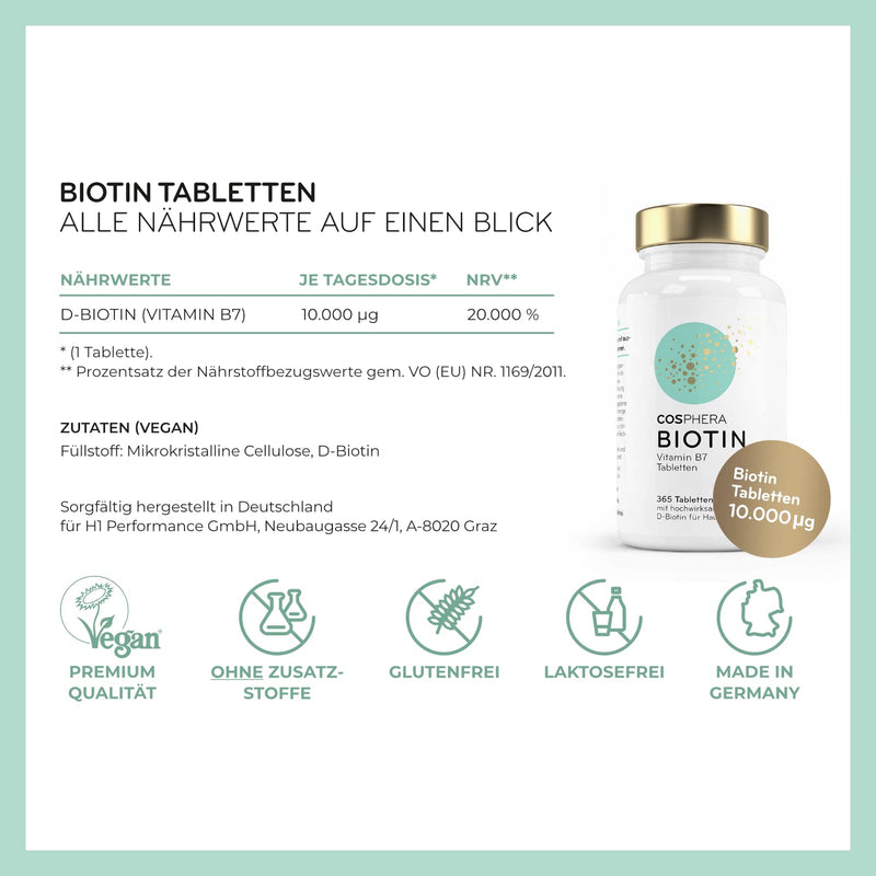 Biotin tablets - High dose with 10,000 mcg D-biotin per tablet - 365 vegan tablets in a 1-year supply - for beautiful hair and skin - Vitamin B7 contributes to the maintenance of normal skin and hair - NewNest Australia