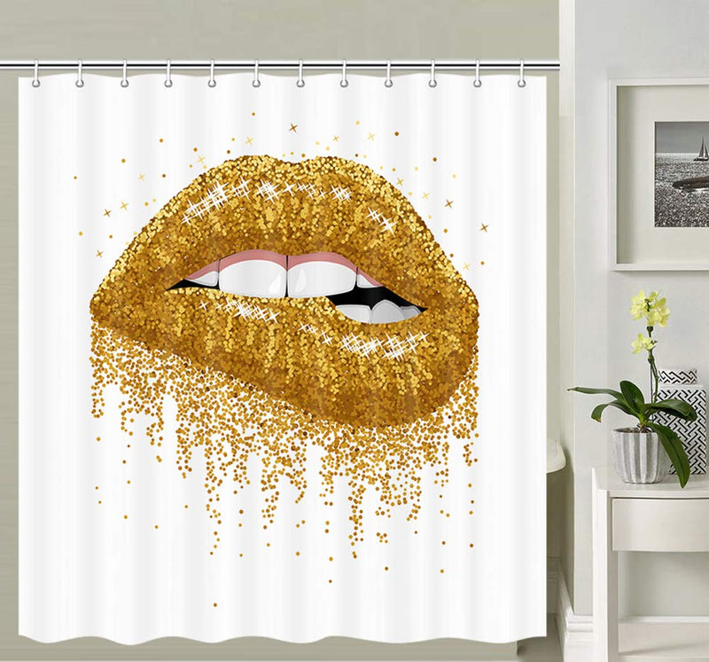 Gold Glitter Women Lips Shower Curtain, Girl Decor Bath Curtains, 3D Fabric Bathroom Accessories 12PCS Shower Hooks, 69X70 Inch - NewNest Australia