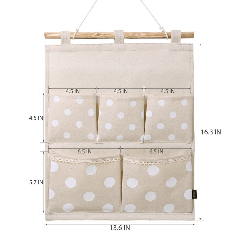 Homecube Linen Cotton Fabric Wall Door Cloth Hanging Storage Bag Case 5 Pocket Home Organizer (White Polka Dots) White - NewNest Australia