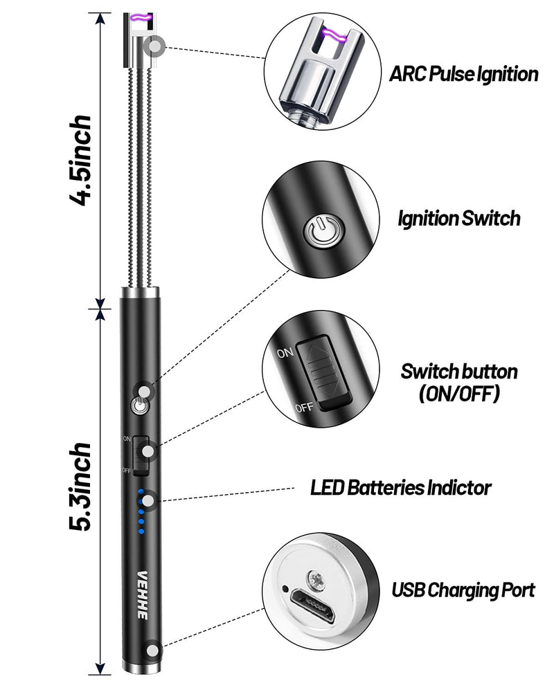 VEHHE Candle Lighter, Electric Rechargeable Arc Lighter with LED Battery Display Long Flexible Neck USB Lighter for Light Candles Gas Stoves Camping Barbecue Black - NewNest Australia