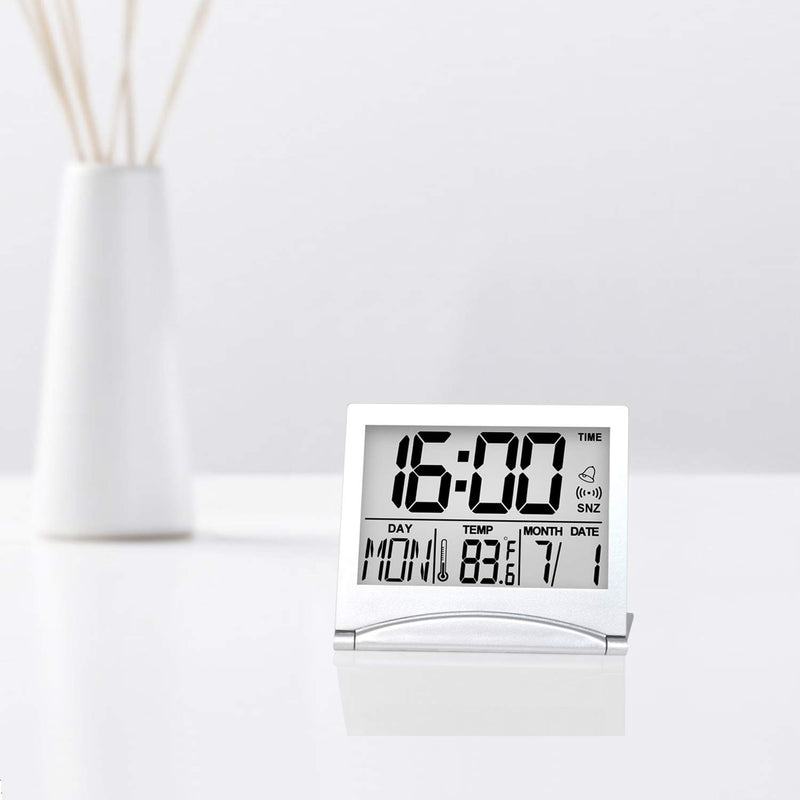 NewNest Australia - Betus Digital Travel Alarm Clock - Foldable Calendar Temperature & Timer LCD Clock with Snooze Mode - Large Number Display, Battery Operated - Compact Desk Clock for All Ages (Silver) 