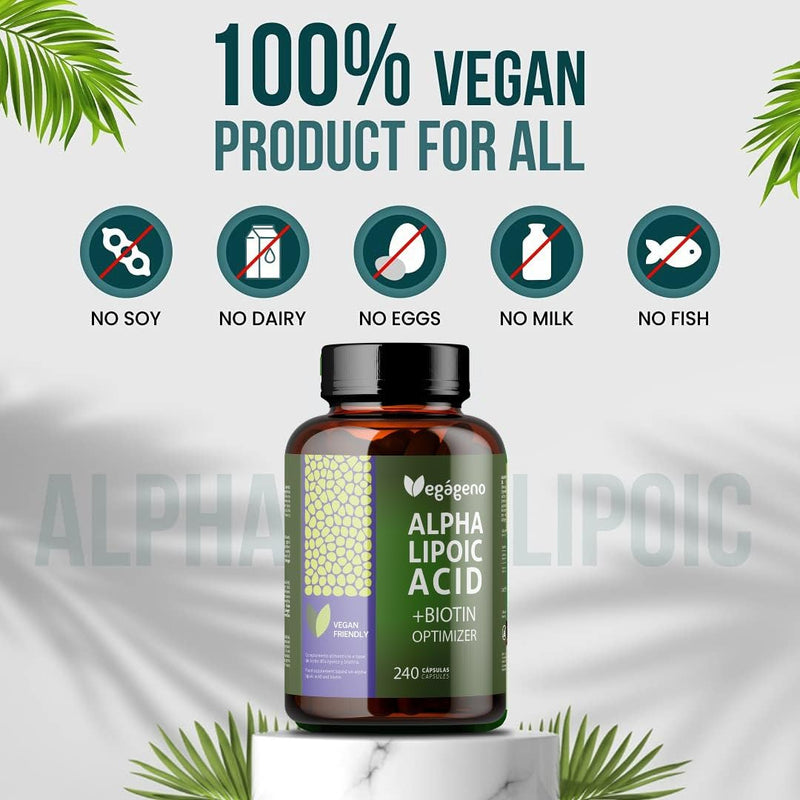 Alpha Lipoic Acid (ALA) + BIOTIN Optimizer, High Bioavailability, Natural Antioxidant, Gluten Free, GMO Free, 100% Vegan, Strengthens Skin, Nails & Hair, 240 Vegetarian Capsules, 4 Month Supply - NewNest Australia