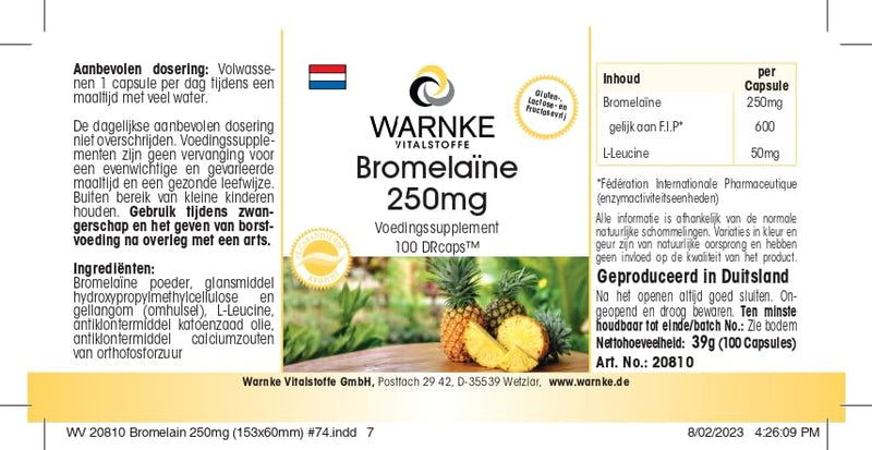 Bromelain capsules - 250mg bromelain per capsule - 600 FIP - natural pineapple enzyme - vegan & high dosage - 100 capsules | Warnke vital substances - NewNest Australia