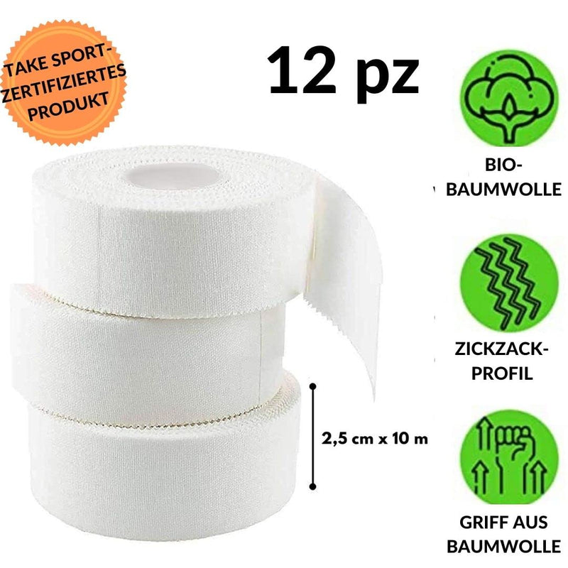 Take Sport Sports Tape, Sports Bandages, Finger Tape, Physio Tape, Sports Tape, Sports Bandages, Crossfit, Bandages Boxing, 2.5 X 10 M, 100% Cotton, Zig Zag Edge, Non-Elastic, White (12) - NewNest Australia