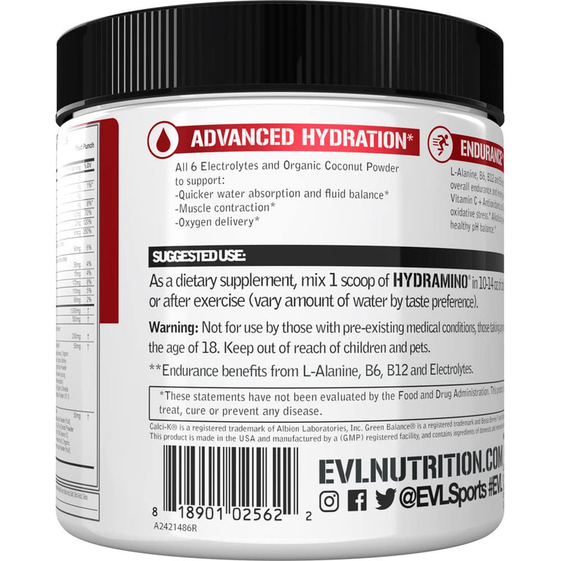 Evlution Nutrition HYDRAMINO Complete Hydration Multiplier, All 6 Electrolytes, Vitamin C & B, Fluid Boosting Aminos, Coconut Water, Endurance, Recovery, Antioxidants, 30 Serve, Fruit Punch - NewNest Australia