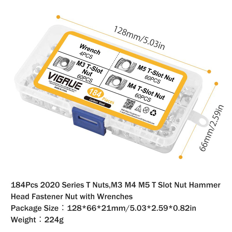 VIGRUE 184Pcs 2020 Series T Nuts, M3 M4 M5 T Slot Nut Hammer Head Fastener Nut Nickel Plated Carbon Steel with 4 Matching Wrenches for Aluminum Profile - NewNest Australia