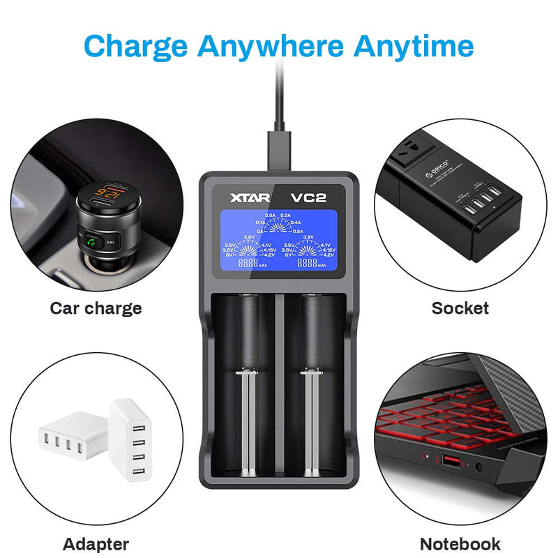 Rechargeable Battery Charger, XTAR VC2 2 Bays Battery Charger for 3.6V 3.7V Li-ion IMR INR ICR 10440 18650 26650 Rechargeable Battery - NewNest Australia