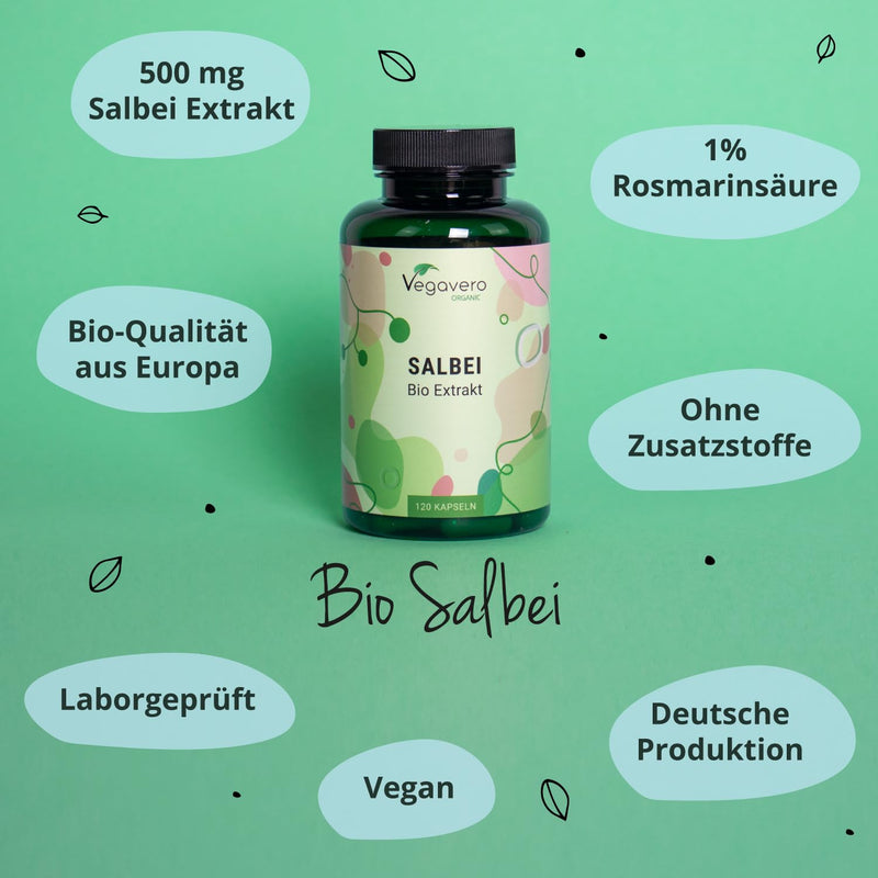 Organic Sage Capsules Vegavero, With 1% Rosemary Acid, 500 Mg Sage Extract Per Capsule, Organic Quality From France, Strong Sweating, Hot Flashes, Menopause, 120 Capsules, Vegan - NewNest Australia