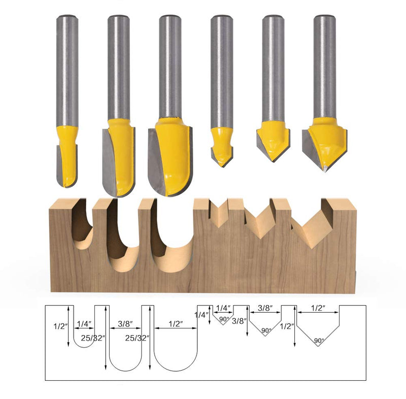 Yakamoz 6Pcs 1/4" Shank Carbide 90 Degree V-Groove and Round Nose Groove Router Bit Set 3D CNC Signmaking Lettering Engraving Cutter Woodworking Carving Cutting Tool - NewNest Australia