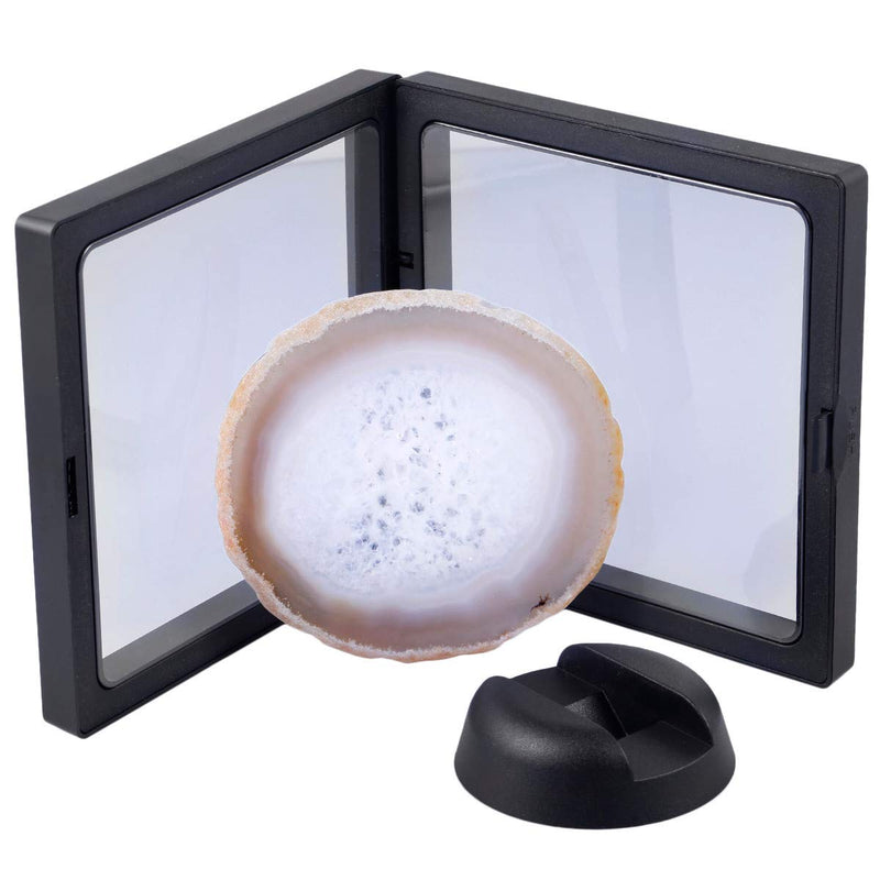 NewNest Australia - mookaitedecor Agate Slices Display Stand Box, Medallion Coin Gemstone Jewelry Specimen Show Case, Double Sided Floating Display Frame Natural Agate Slice With Display Stand 