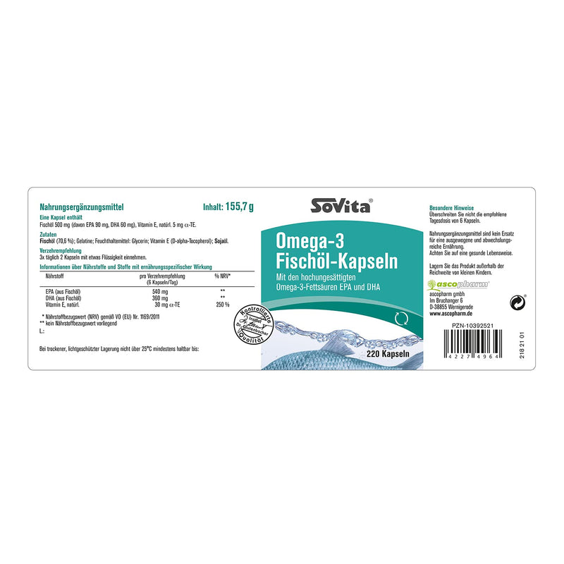 Sovita Omega 3 fish oil capsules, with highly unsaturated fatty acids EPA and DHA, high-dose dietary supplement, 220 capsules - NewNest Australia