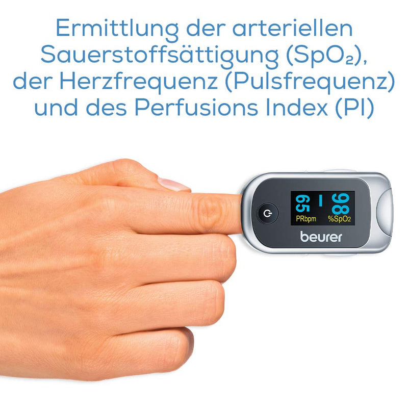 Beurer PO 40 pulse oximeter, measurement of oxygen saturation (SpO₂), heart rate (pulse) and perfusion index (PI), painless use, color display, gray single - NewNest Australia