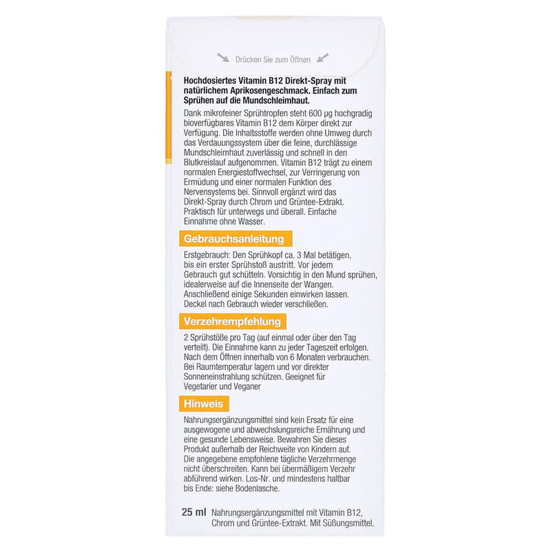 BetterYou Vitamin B12 Direct Spray - For spraying on the oral mucosa - Natural high-dose vitamin B12 with chromium and green tea extract - Fast & effective - vegan, 25ml - NewNest Australia