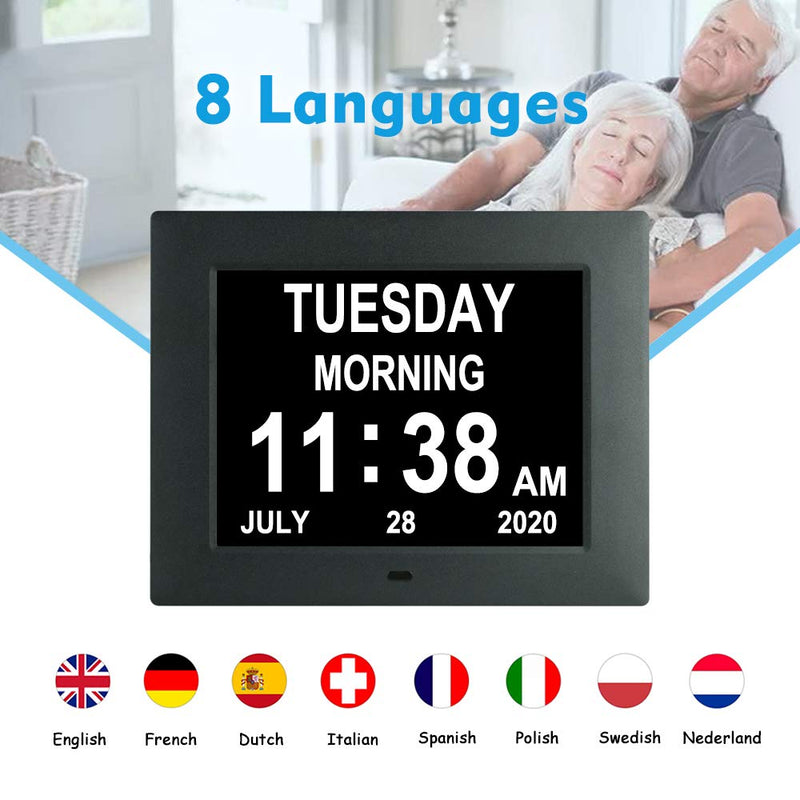 NewNest Australia - 7 Inch Extra Large Non-Abbreviated Day Date & Month Digital Day Calendar Clocks with Auto-Dimming 8 Alarm Reminders Dementia Clock for Senior Elderly impaired Vision 7005 black 