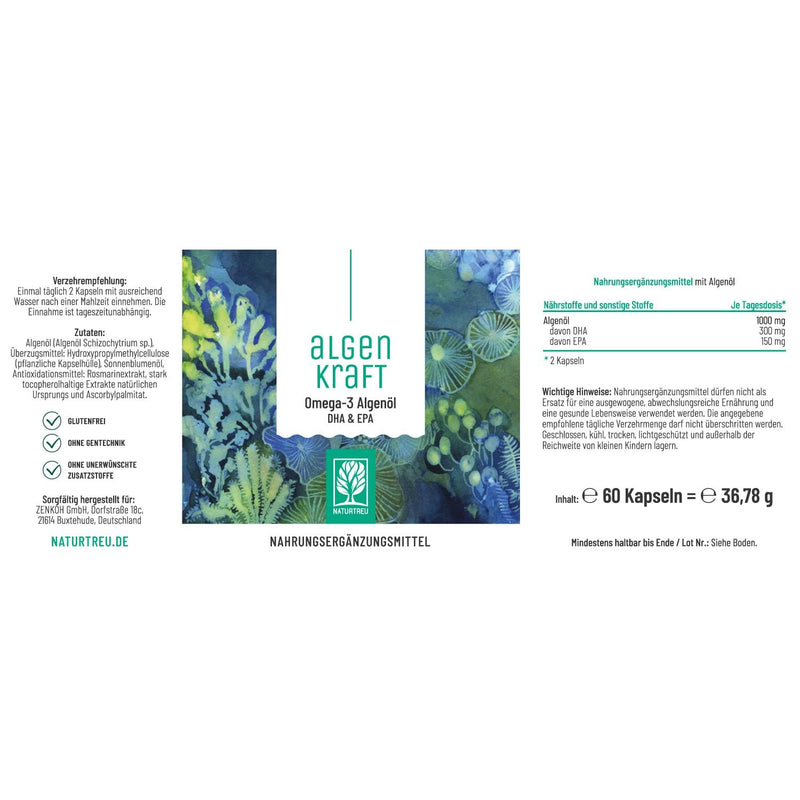 Naturtreu Algae Power - Omega 3 Vegan From Algae Oil - 1000Mg Omega 3 Algae Oil From Sustainable Cultures - Microalgae Oil With High Doses Of Dha & Epa In The Optimal Ratio - Laboratory Tested - NewNest Australia