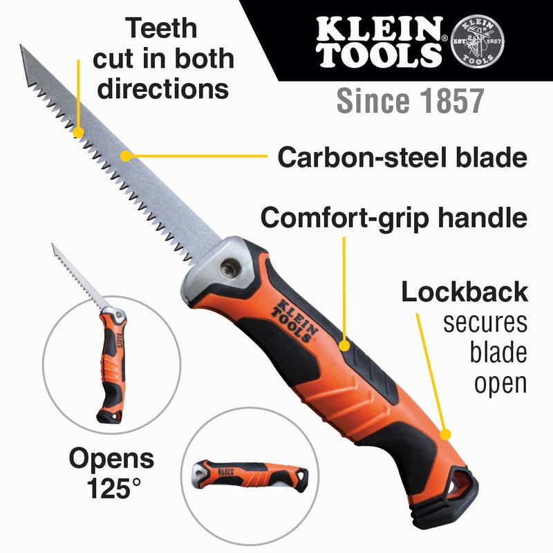 Klein Tools 31737 Folding Jab Saw / Drywall Saw, Hand Saw with Lockback at 180 and 125 Degrees and Tether Hole - NewNest Australia