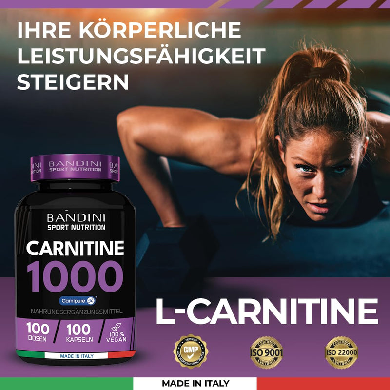 Bandini® L-CARNITIN 1000 | Premium: Carnipure® - L Carnitine Tartrate | 100 tablets | Metabolism & muscle building | Highly dosed, 100% vegan, no additives, laboratory tested - NewNest Australia