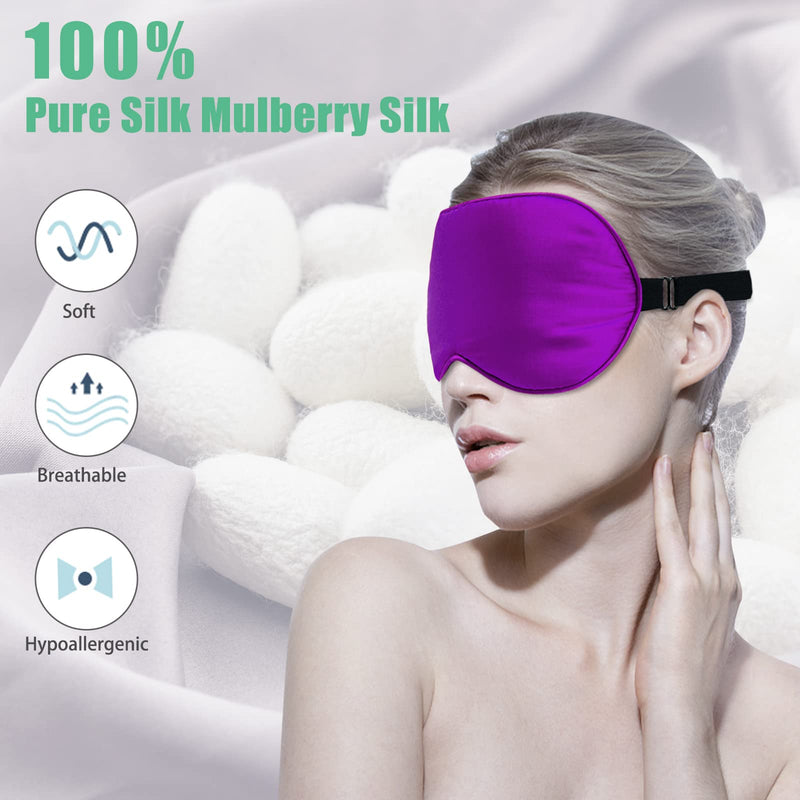 Silk Sleep Mask, 2 Pack 100% Real Natural Silk Eye Mask with Adjustable Strap, Eye Sleeping Mask, BeeVines Eye Sleep Shade Cover for Summer Travel Yoga Nap Reduces Puffy Eyes (Black & Rich Purple) - NewNest Australia