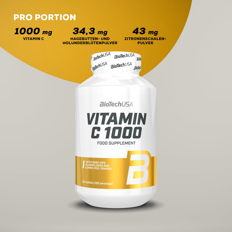 BioTechUSA Vitamin C 1000 + BioFlavonoids | Multiple sources | Immune support | Rose hip, elderflower & lemon, 100 tablets 100 pieces (pack of 1) - NewNest Australia