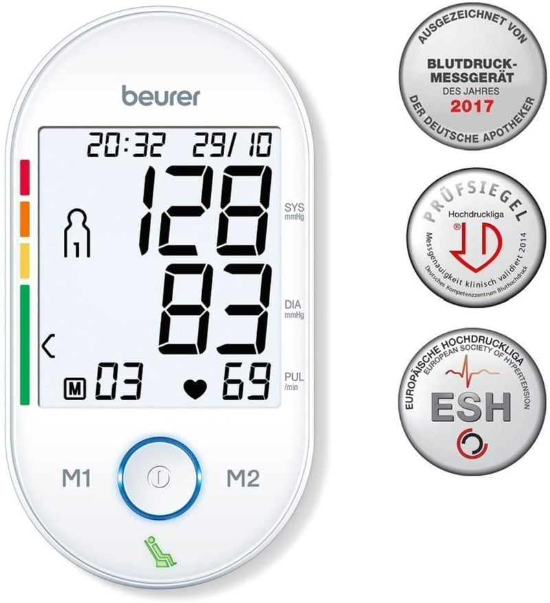 Beurer BM 55 upper arm blood pressure monitor with patented rest indicator for accurate measurement results, with USB interface, risk indicator, arrhythmia detection, for upper arm circumferences of 22-42 cm - NewNest Australia