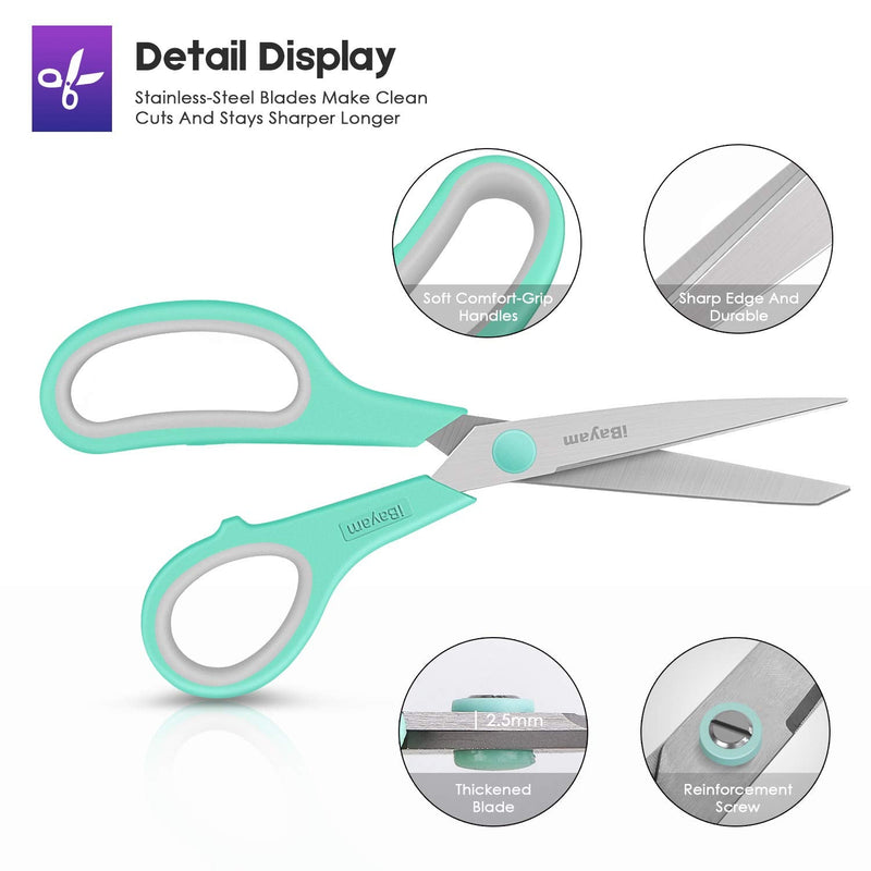 Scissors, iBayam 8" Multipurpose Scissors Bulk Ultra Sharp Shears, Comfort-Grip Sturdy Scissors for Office Home School Sewing Fabric Craft Supplies, Right/Left Handed, 3-Pack, Mint, Grey, Purple - NewNest Australia