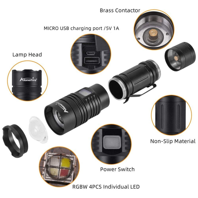 Alonefire X37 4 Color Tactical MultiColor LED Flashlight White Blue Green Red 4 Lights RGB USB Rechargeable Zoomable with Charging Indicator, Power Outlet, 26650 Battery for Tracking Hunting Fishing - NewNest Australia