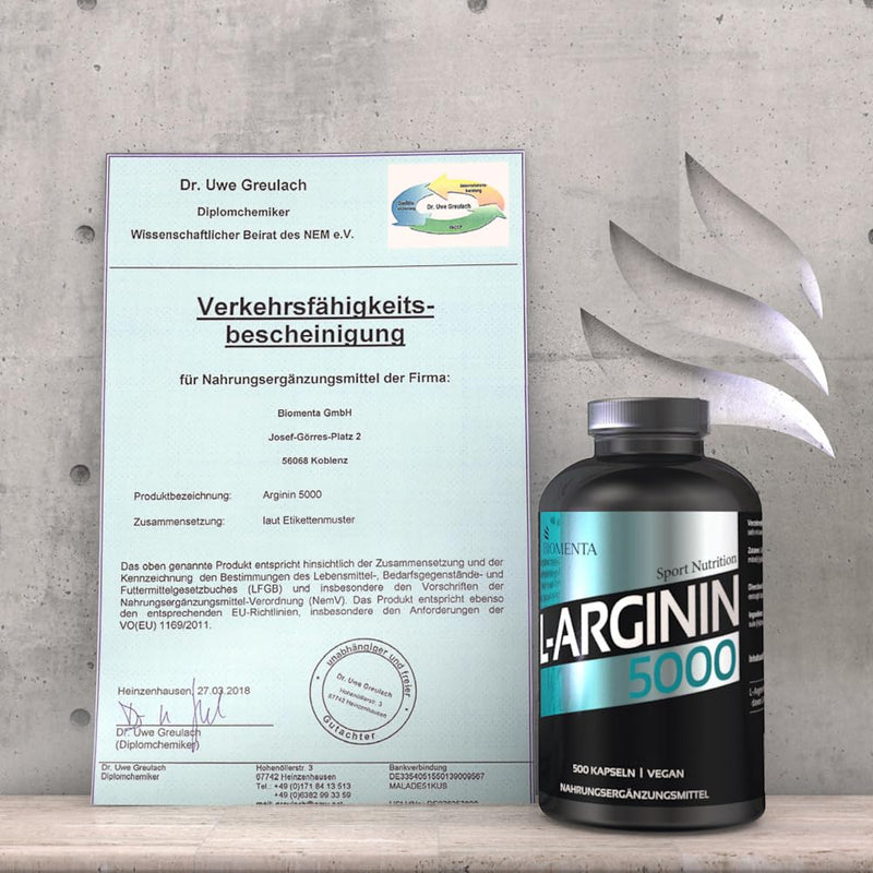 BIOMENTA L-Arginine 5000 - 500 high-dose arginine capsules - vegan - normal size - premium quality - NewNest Australia