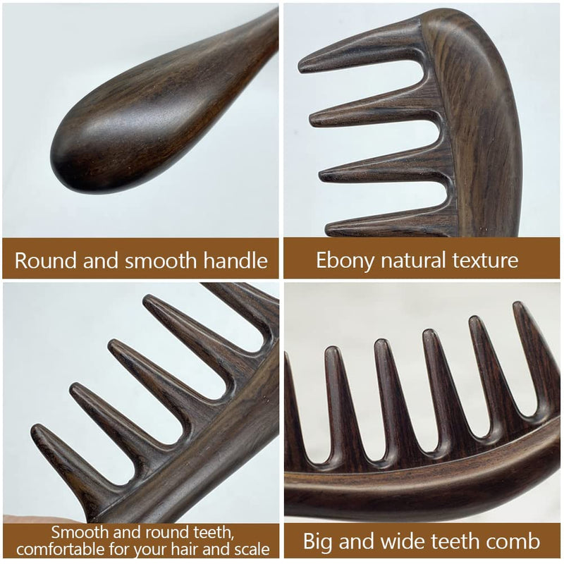 EQLEF Large Wide Tooth Comb Wooden Comb Natural Black Sandalwood Comb Anti Static and Detangling Handmade Big Tooth Comb for Thick Curls and Straight Easy Detangle Hair - NewNest Australia