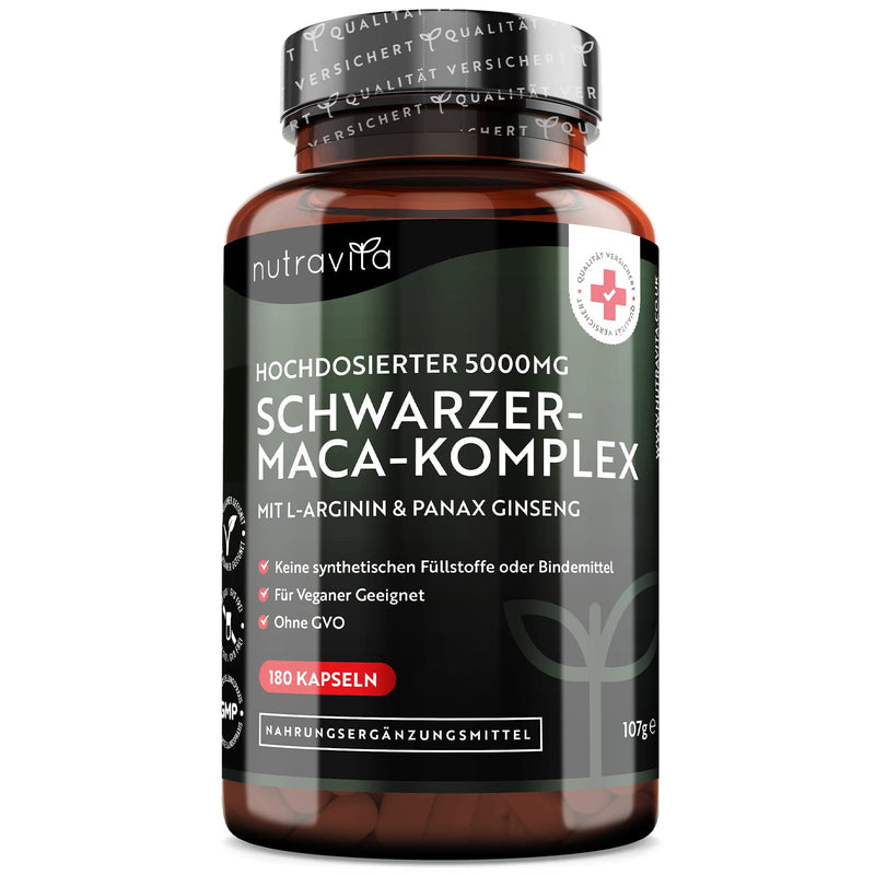 Black Maca Complex - High Dose with 5,000 mg - 180 Vegan Capsules - With Natural Vitamin C (Acerola) - Laboratory Tested in Germany - No Additives and GMO Free - 6 Month Supply - NewNest Australia