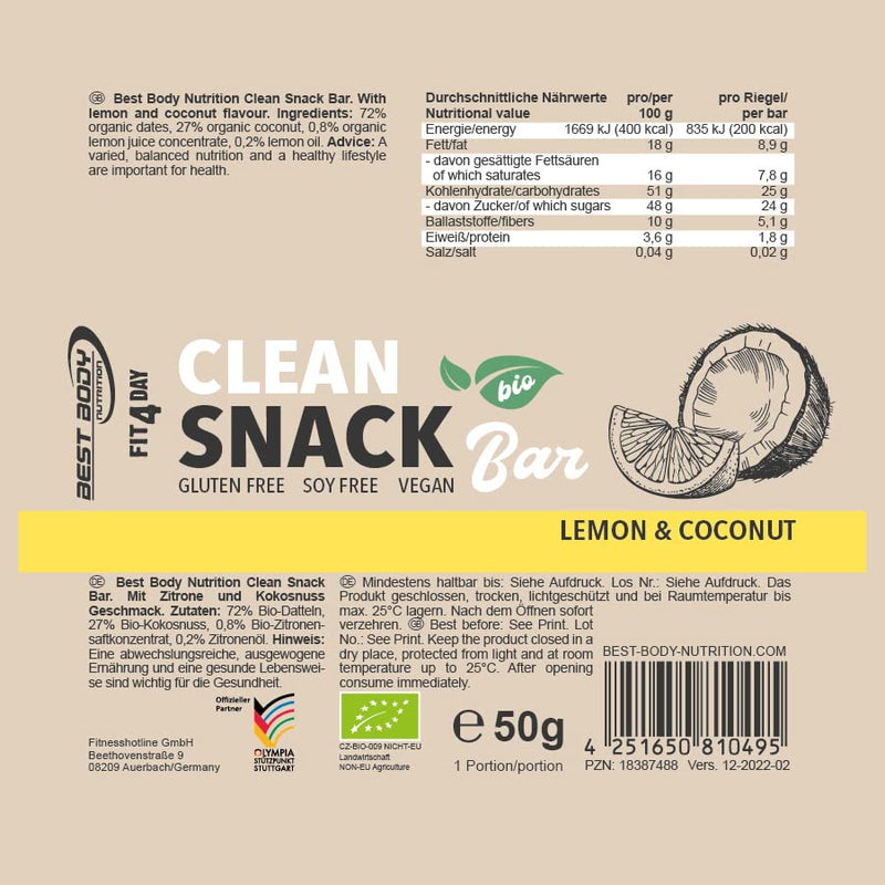 Best Body Nutrition - Bio Clean Snack Bar Organic Energy Bar With Dates From Organic Agriculture - Gluten Free, Vegan & No Additives - Lemon & Coconut Flavor - 20 X 50 G Bars - NewNest Australia