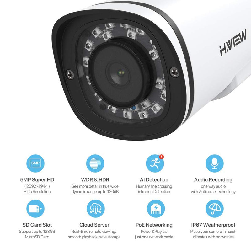 H. View 5MP PoE IP Bullet Camera Indoor Outdoor with Audio, Built-in SD Card Slot, 2.8mm, Human Body Detection, Snapshot Alerts - NewNest Australia